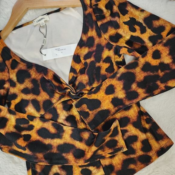 L'Agence Twisted V-Neck Leopard Print Puff Sleeve Blouse Brown Black XS NWT - Picture 8 of 9